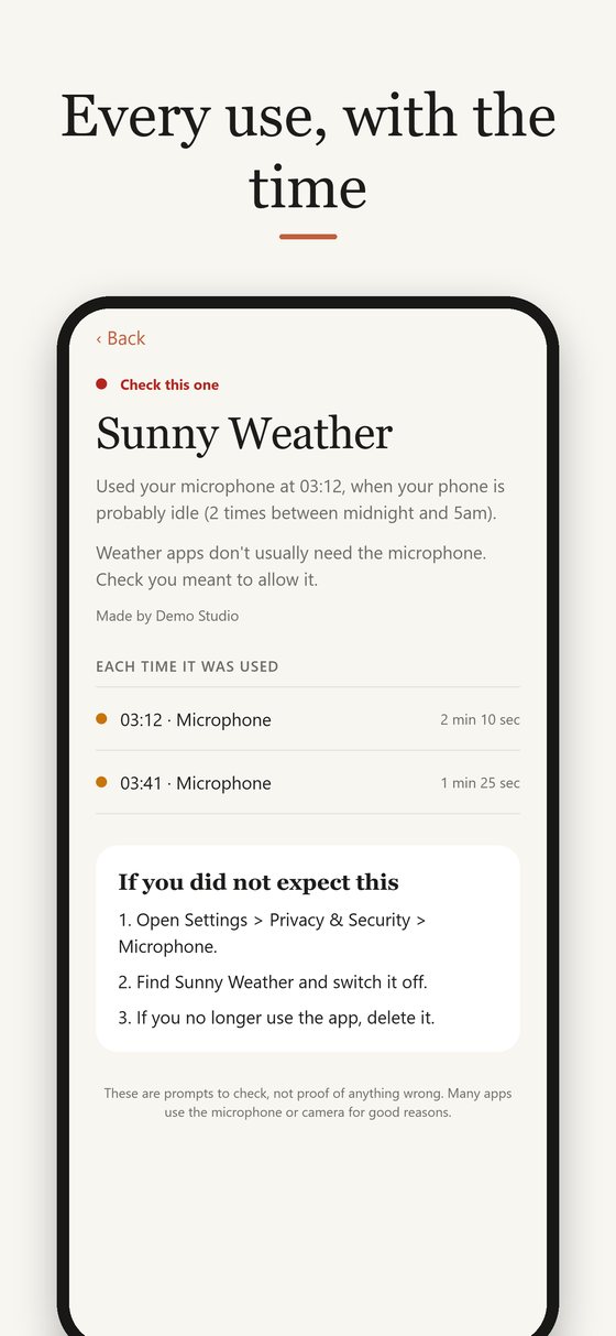 Screenshot: Every use, with the time